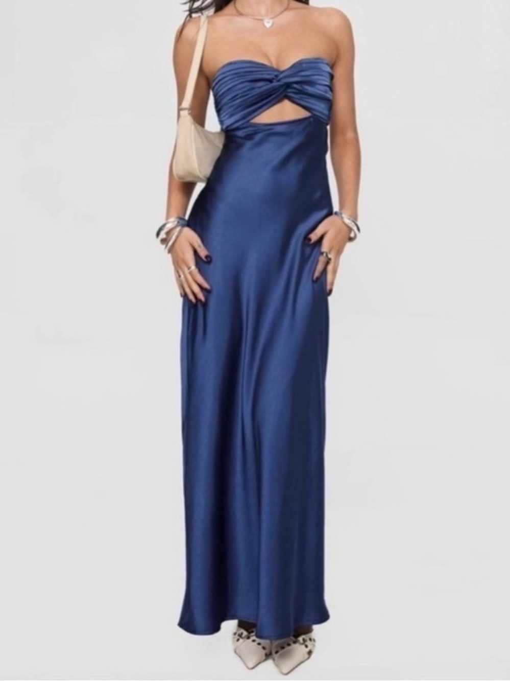 Princess Polly Navy Satin Strapless Twist-Front Maxi Dress